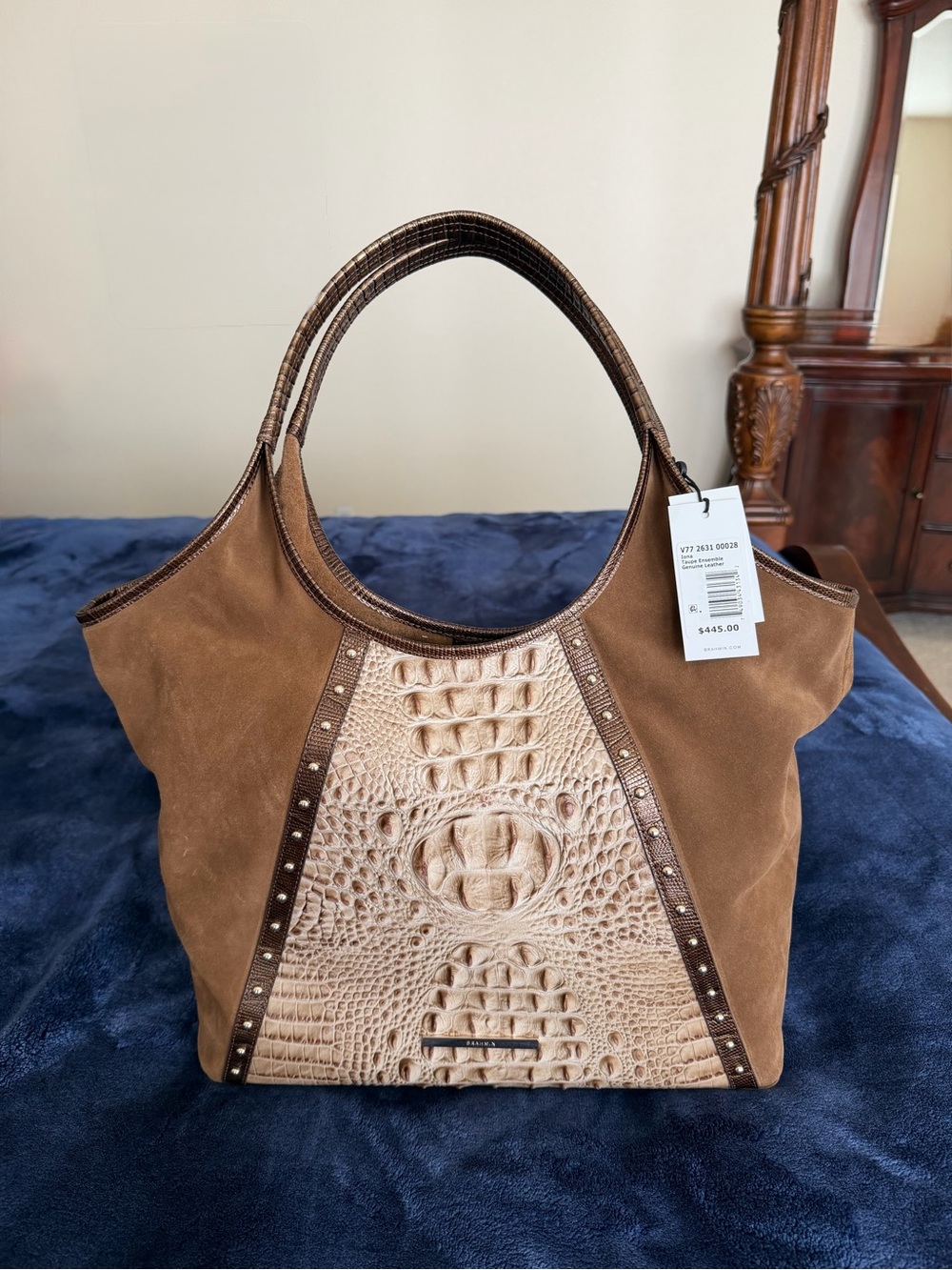 Brahmin Iona Tote in Taupe,  Suede & Croc embossed NWT